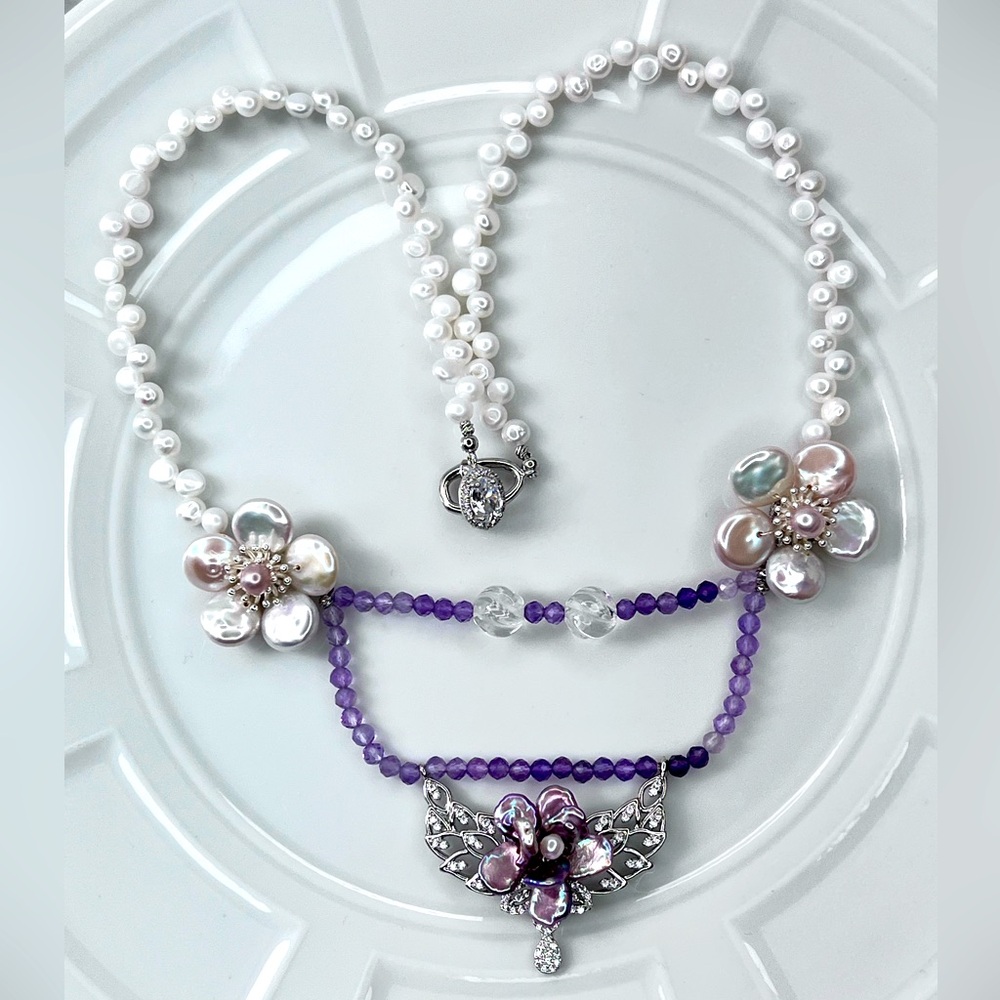 🤩🤩 Handmade Freshwater Purple Keshi Coin Pearl Amethyst Clear Quartz Necklace